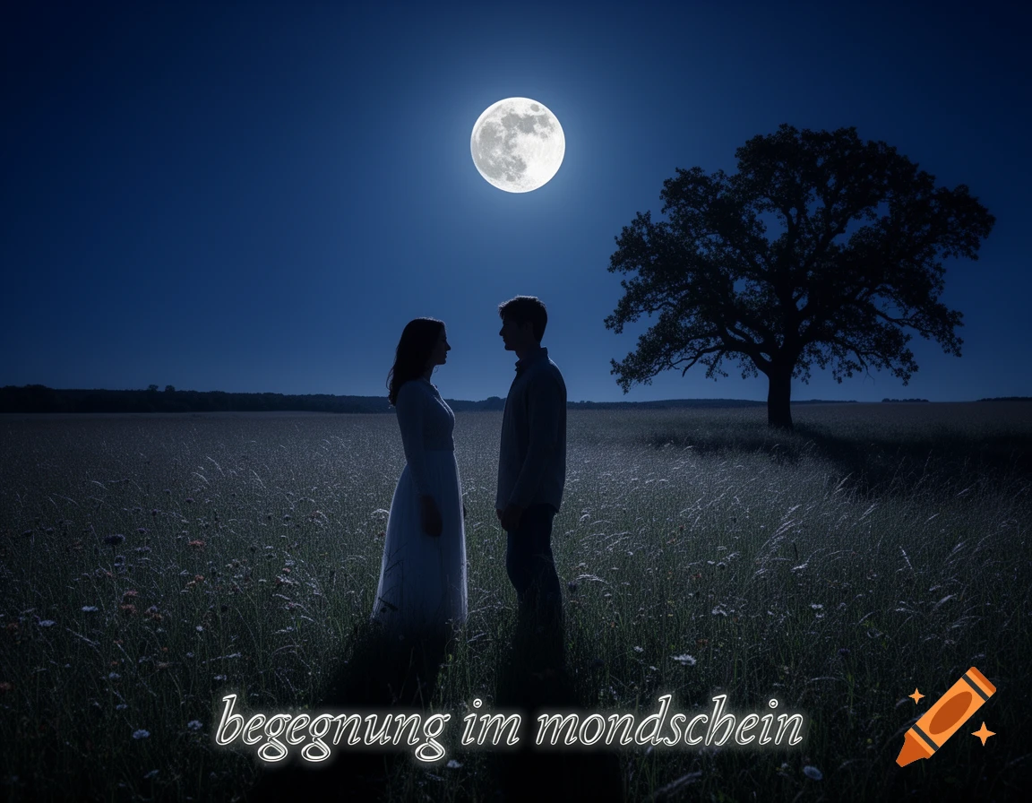 Silhouettes of a man and woman face each other in a moonlit field with a tree, text reads 'begegnung im mondschein'.