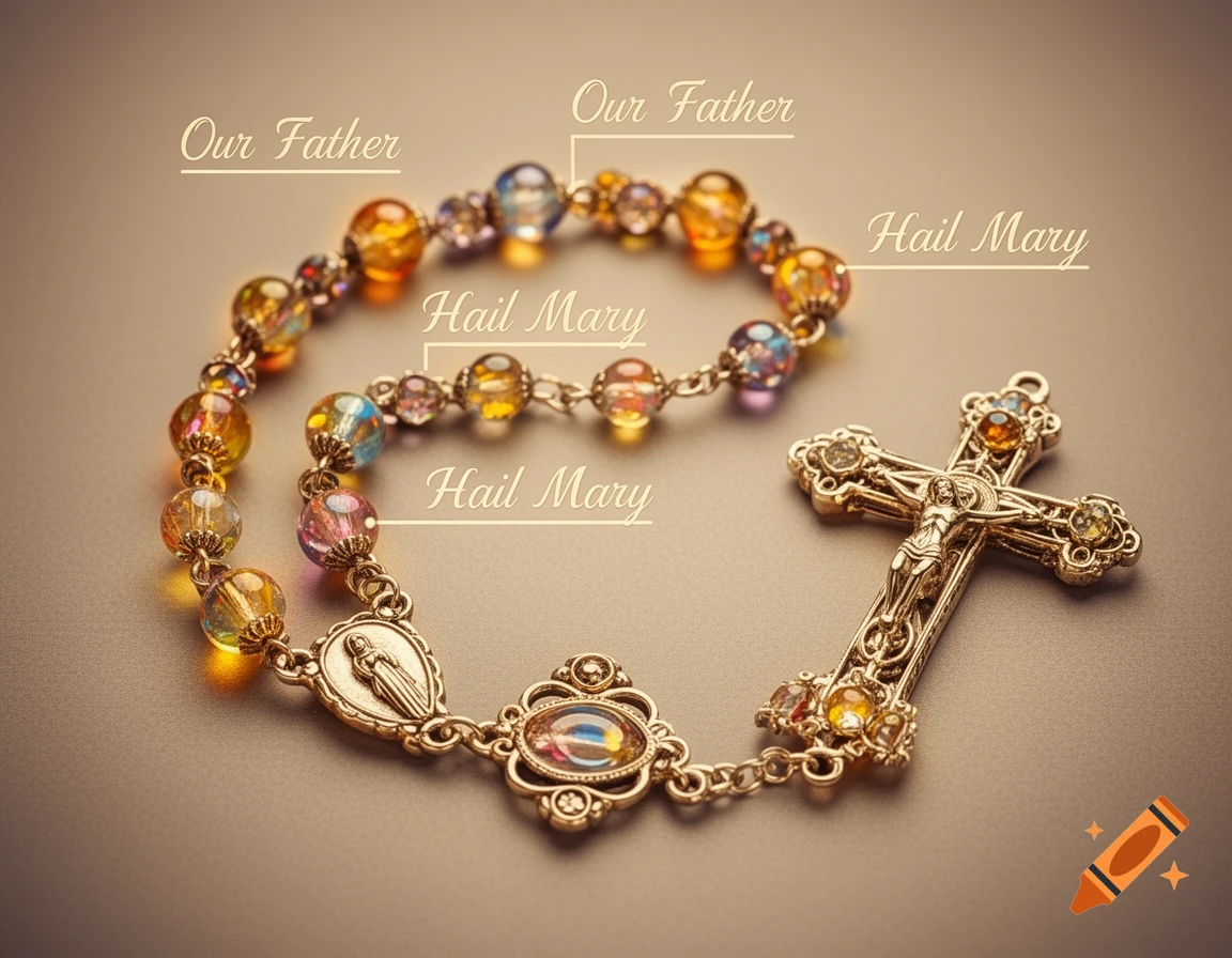 A detailed, high-resolution illustration of a rosary laid out flat, with elegant callouts "Our Father" and "Hail Mary" labeling the beads.