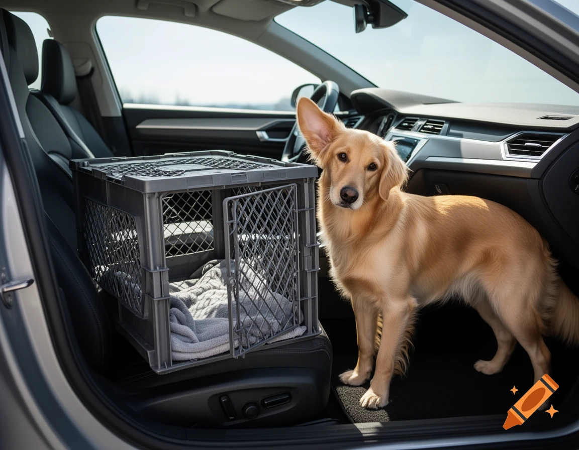 A golden retriever stands in a car's passenger seat next to a grey travel crate with a blanket inside.
