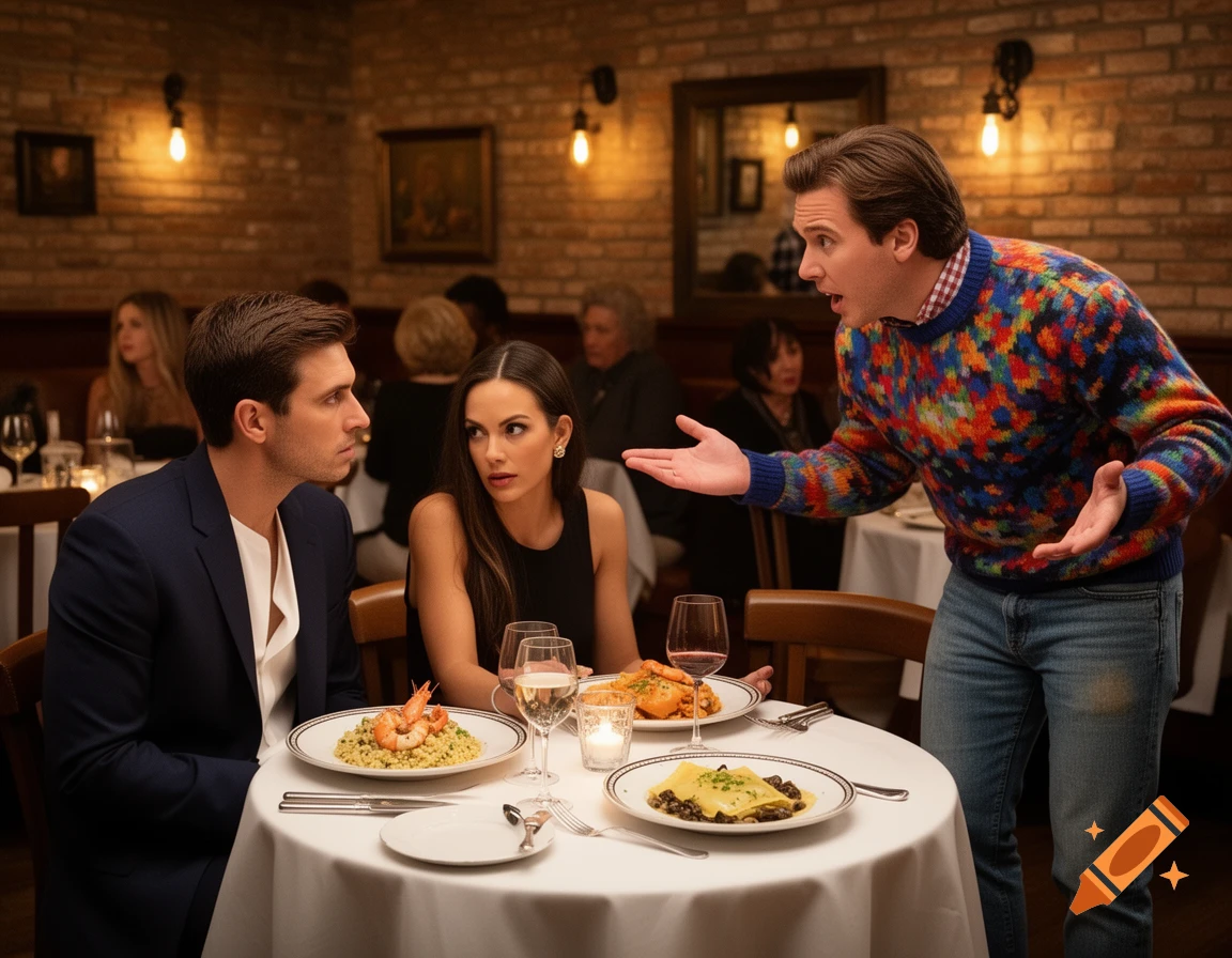 A man in a colorful sweater gestures dramatically at an unimpressed couple dining at a restaurant.