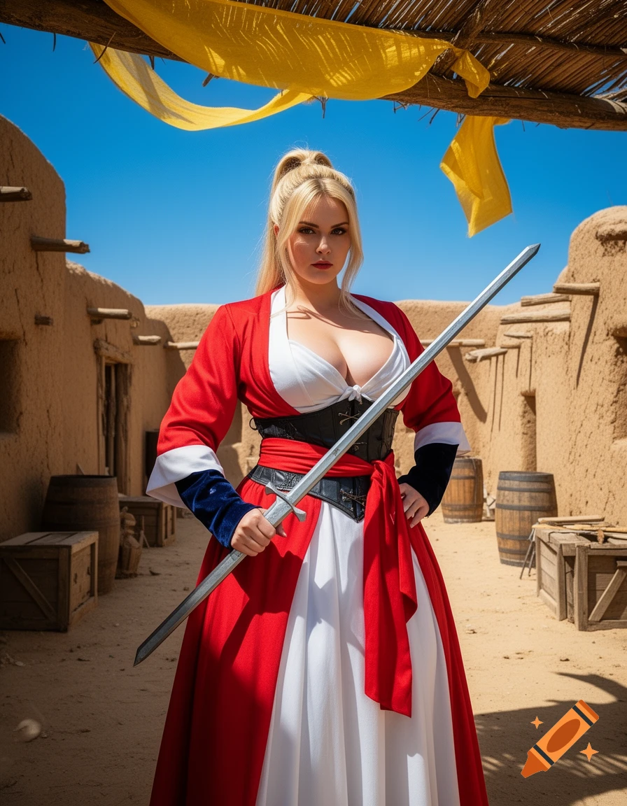 A blonde woman in a red and white fantasy outfit with cleavage stands holding a sword in a desert outpost.