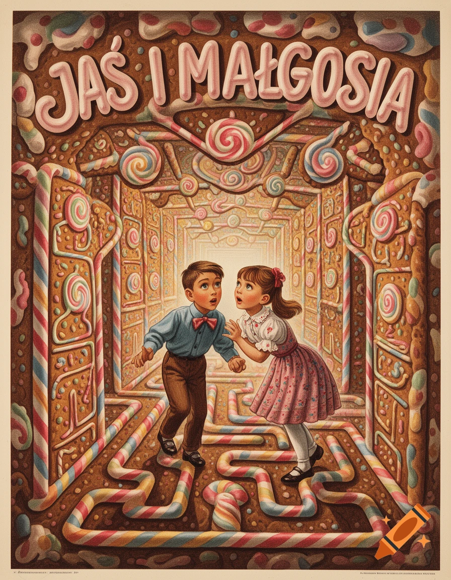 A vibrant poster art illustration of a boy and girl in a candy gingerbread labyrinth, with 'JAŚ I MAŁGOSIA' in icing text.