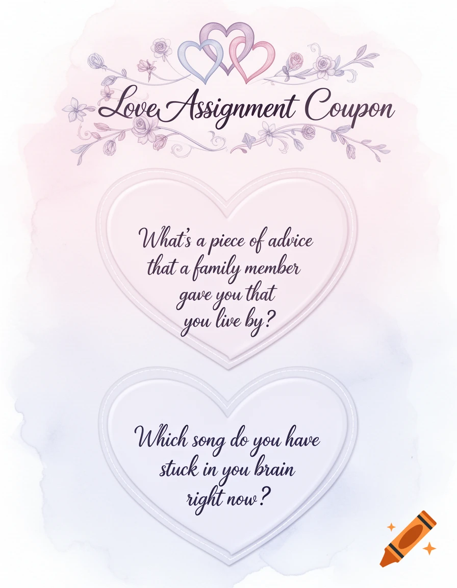 Love Assignment Coupon with two questions inside white hearts, set against a pink and purple watercolor background with intertwining hearts.