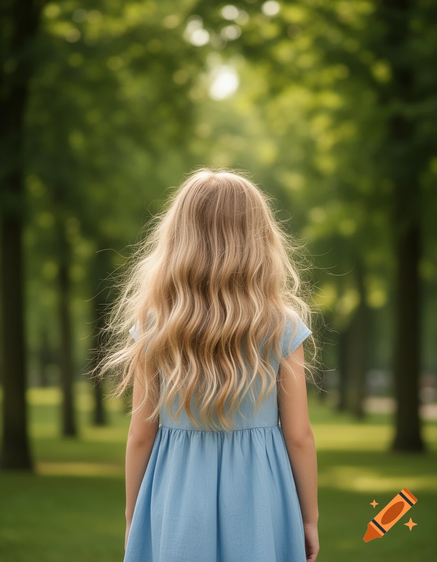 A blond girl in a blue dress stands with her back to the viewer, looking at a bright, green park.