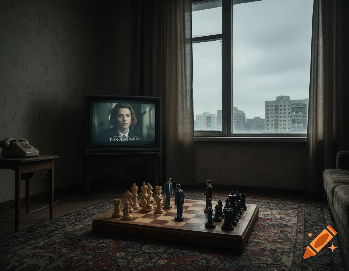 A dark room with a chessboard on a rug, a TV playing 'The Queen's Gambit', and a window overlooking buildings.