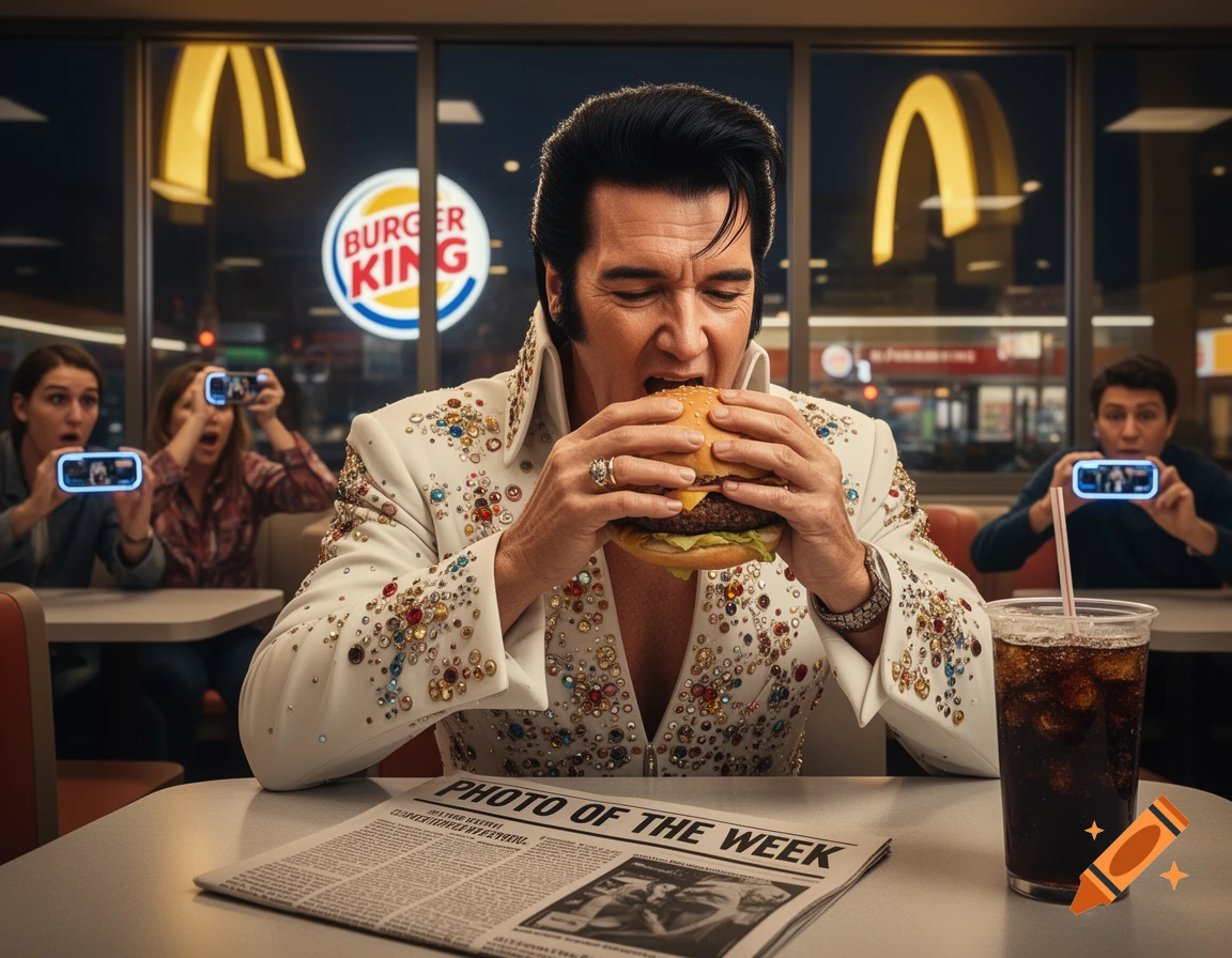 Elvis Presley in a bejeweled white jumpsuit intensely eating a burger in a Burger King, while customers in the background record him on their phones. A newspaper with "PHOTO OF THE WEEK" is on the table.
