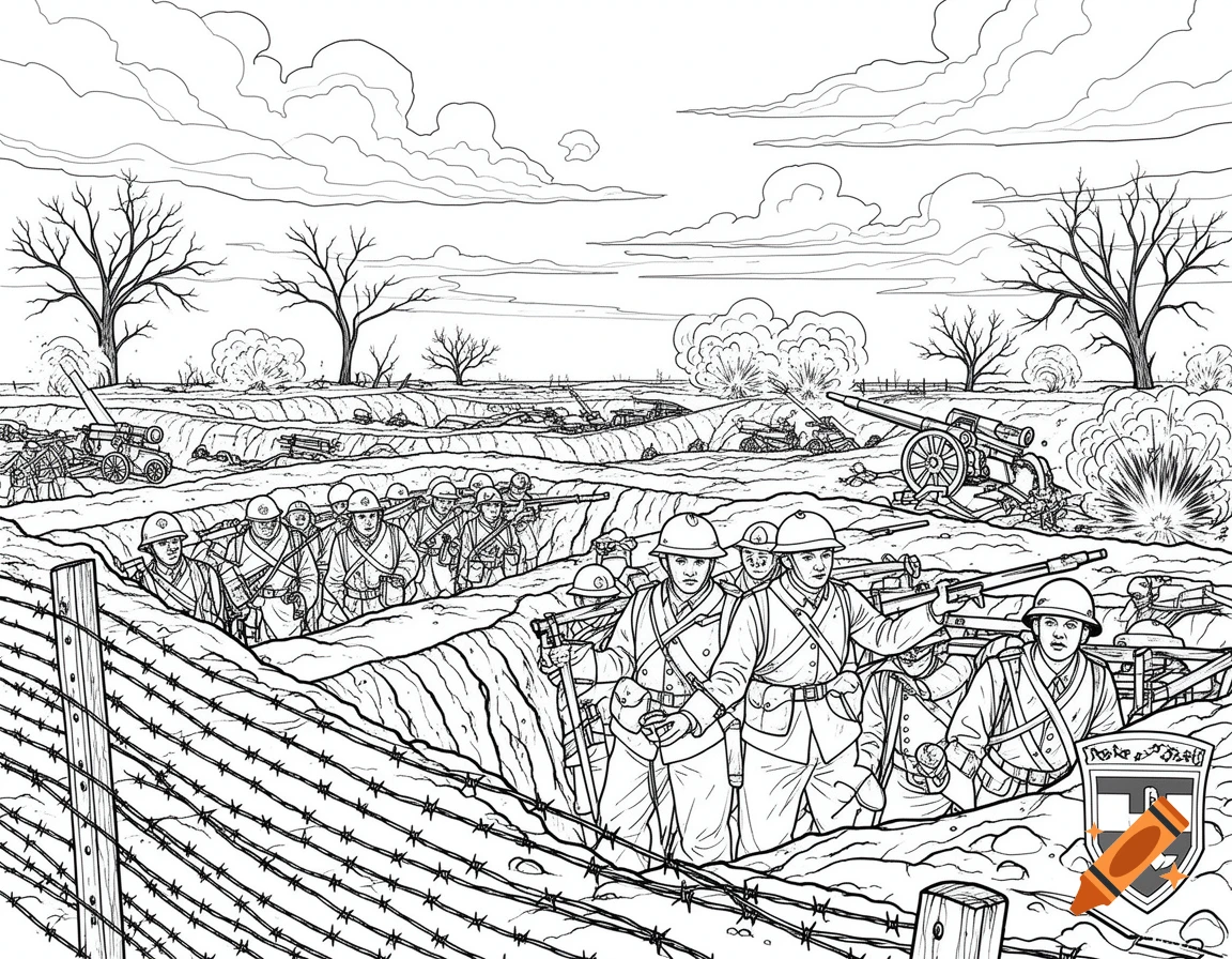 Line art coloring page of World War I soldiers in trenches with artillery and explosions.