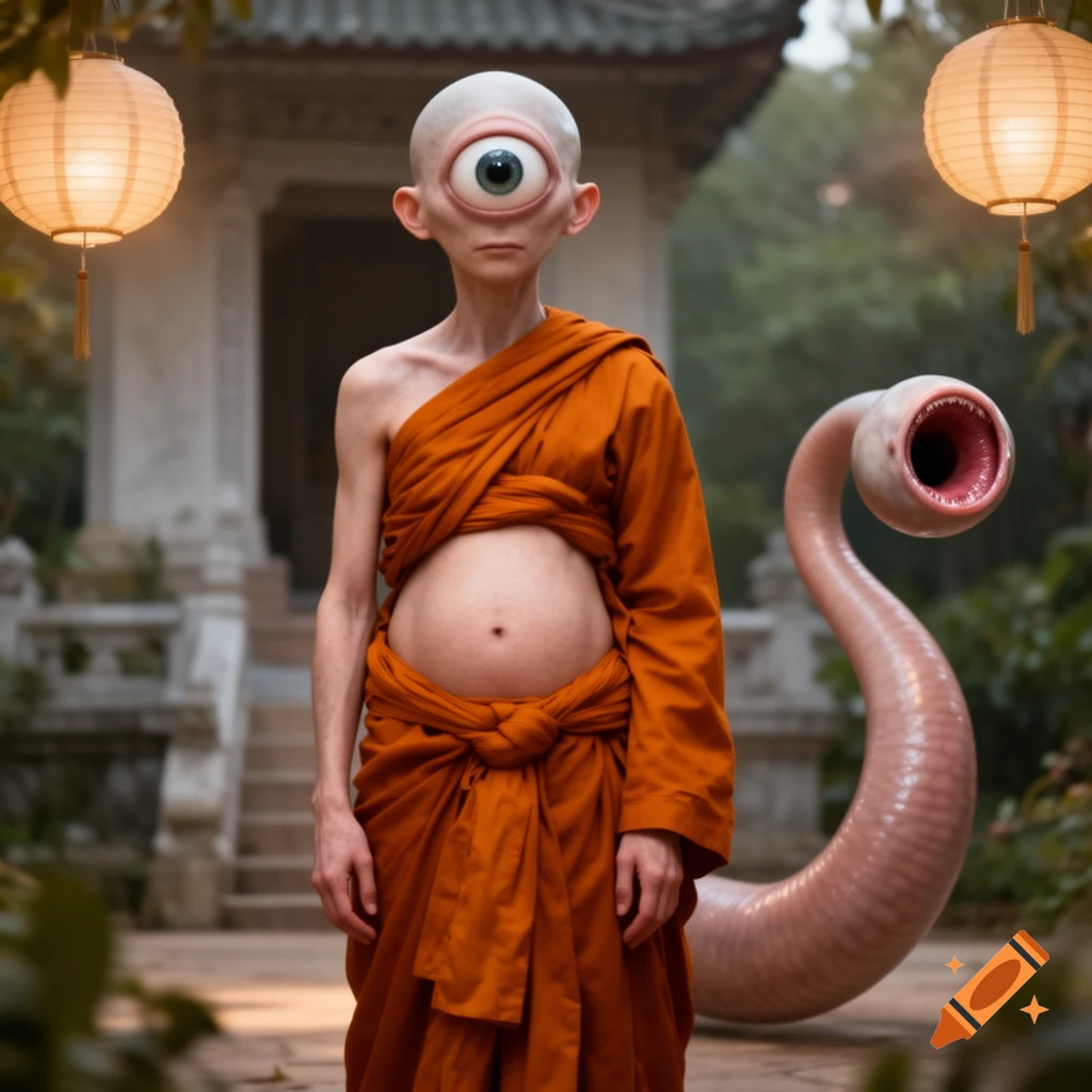 A bald cyclops alien in orange monk robes with a monstrous, fleshy tail ending in a mouth, standing in a temple garden with lanterns.
