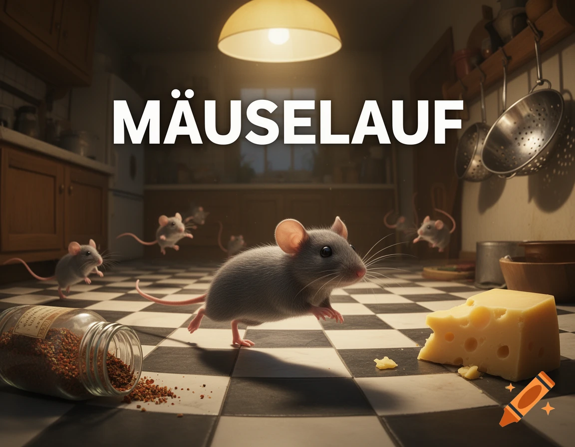 Photorealistic image of mice scurrying across a checkered kitchen floor with cheese and a spilled jar, and the text MÄUSELAUF.