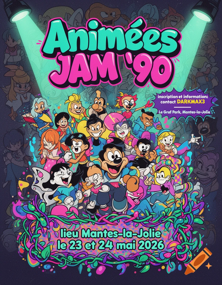 Vibrant retro-style poster for 'Animées JAM '90' event, featuring a large group of classic cartoon characters. Text includes event details and dates.