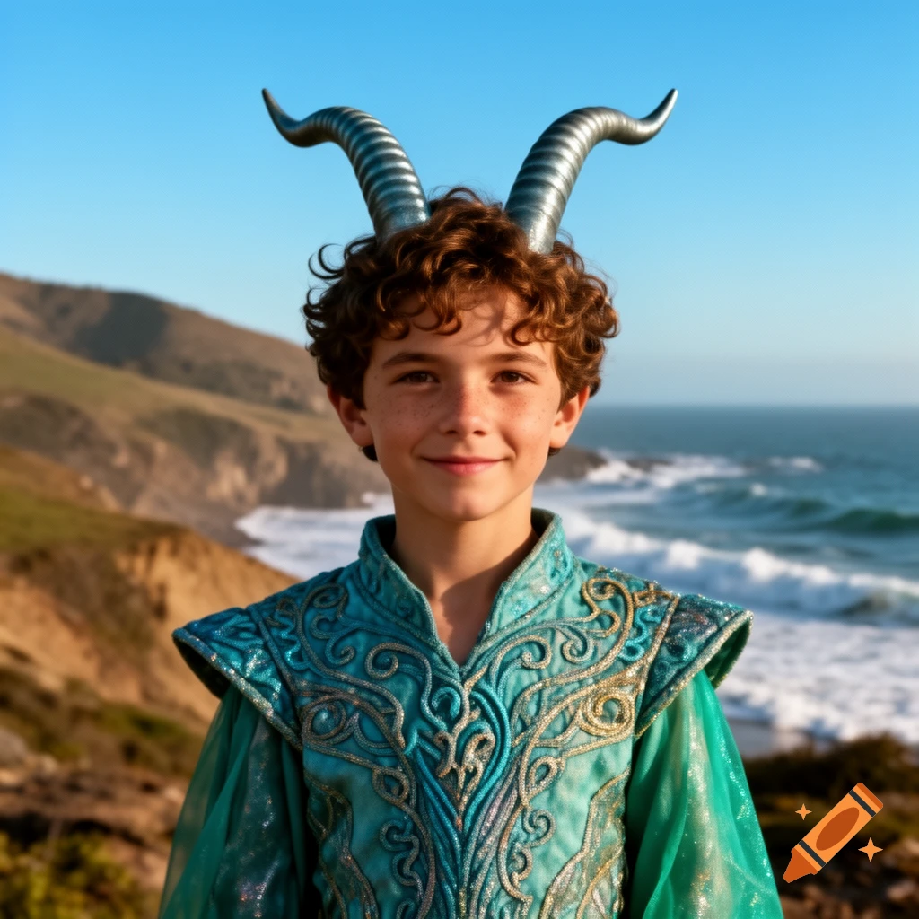 A smiling boy with curly brown hair and silver horns, wearing an ornate blue and gold costume, stands by a sunny ocean coastline.
