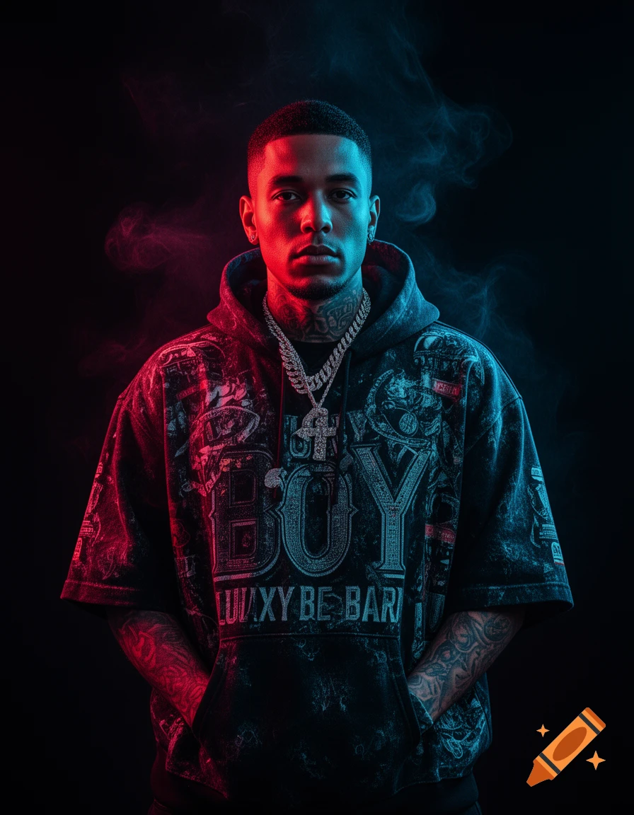 A man in an oversized, graphic hoodie and jewelry, lit by red and blue neon lights with smoke effects.