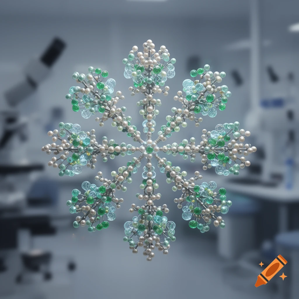 A complex, snowflake-like dendrimer made of small green and beige spheres, set against a blurred laboratory background.
