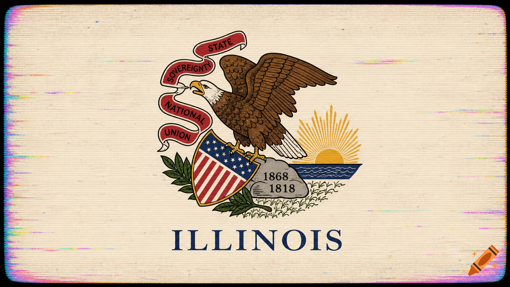 A stylized flag of Illinois with a bald eagle, shield, sun, and state motto, featuring a VHS effect.