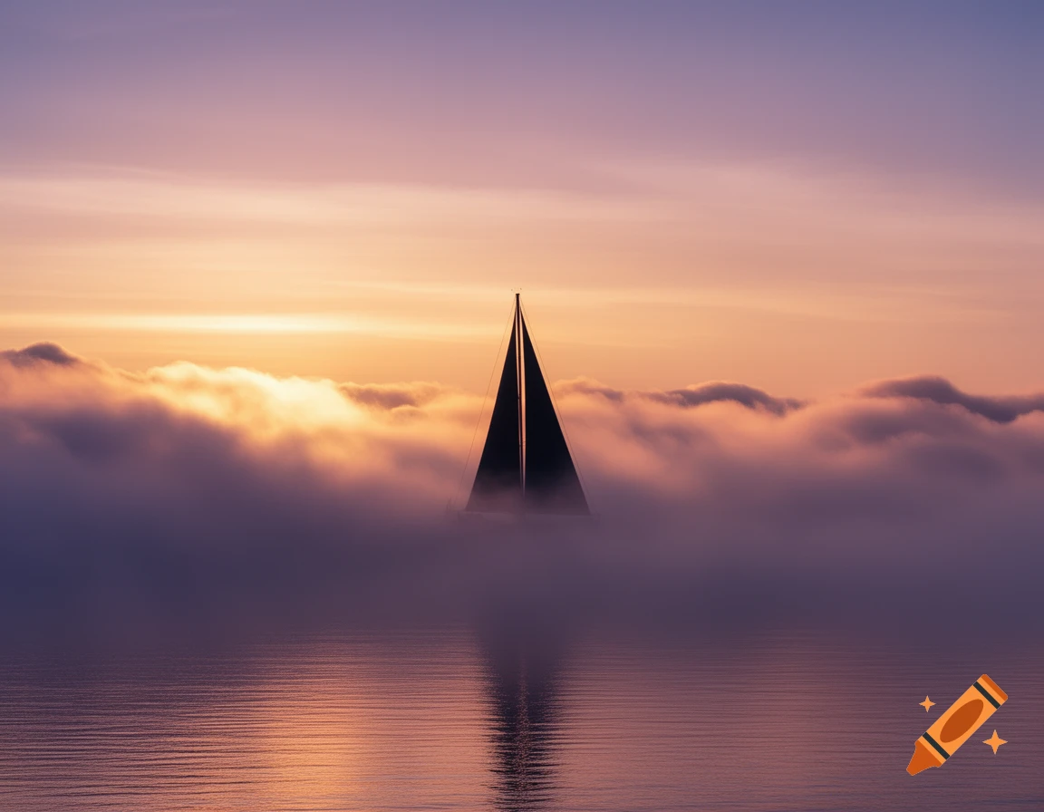 A sailboat silhouetted against a pastel sky with golden clouds, emerging from a thick layer of fog over calm water.