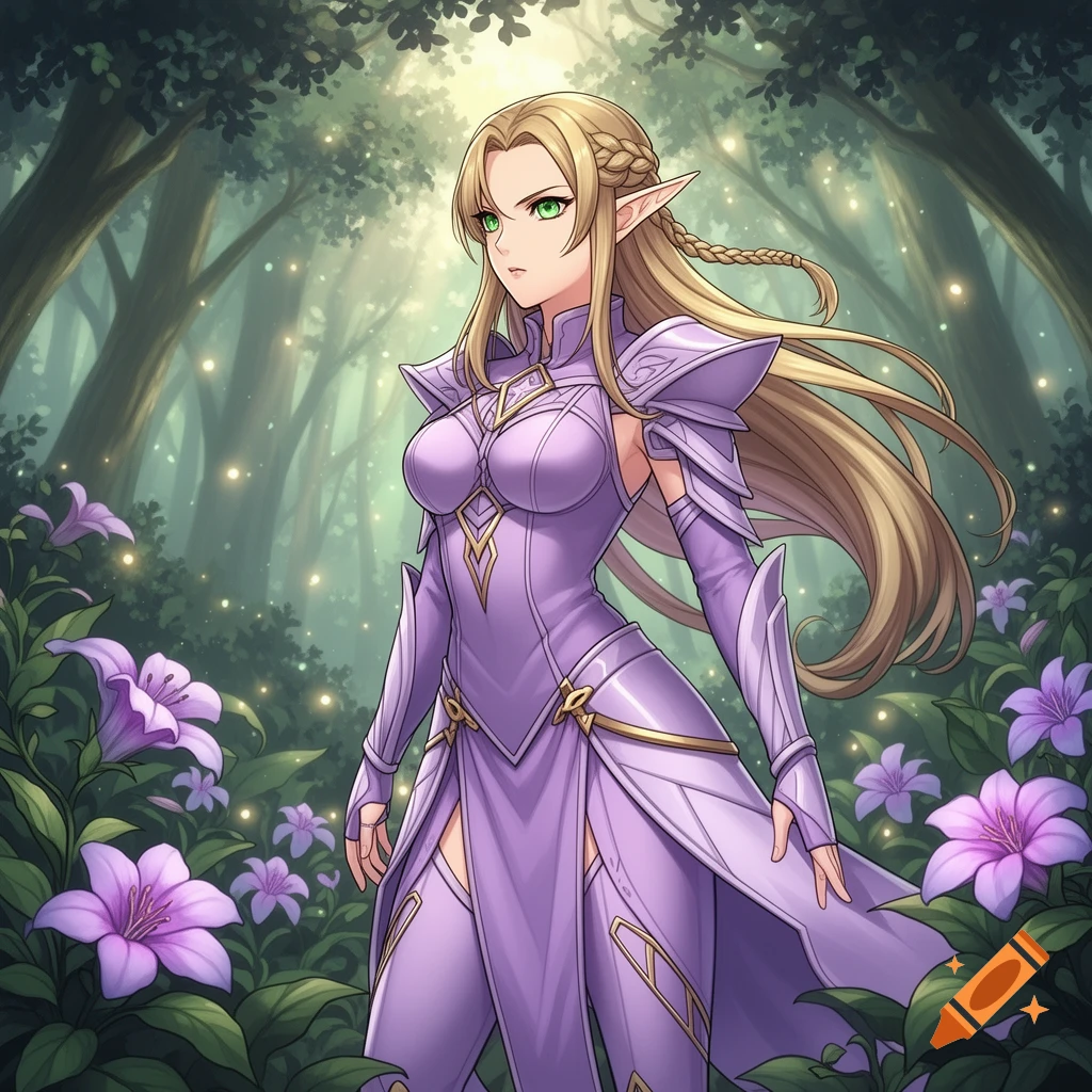 An anime-style elf warrior with long blonde hair and green eyes ...