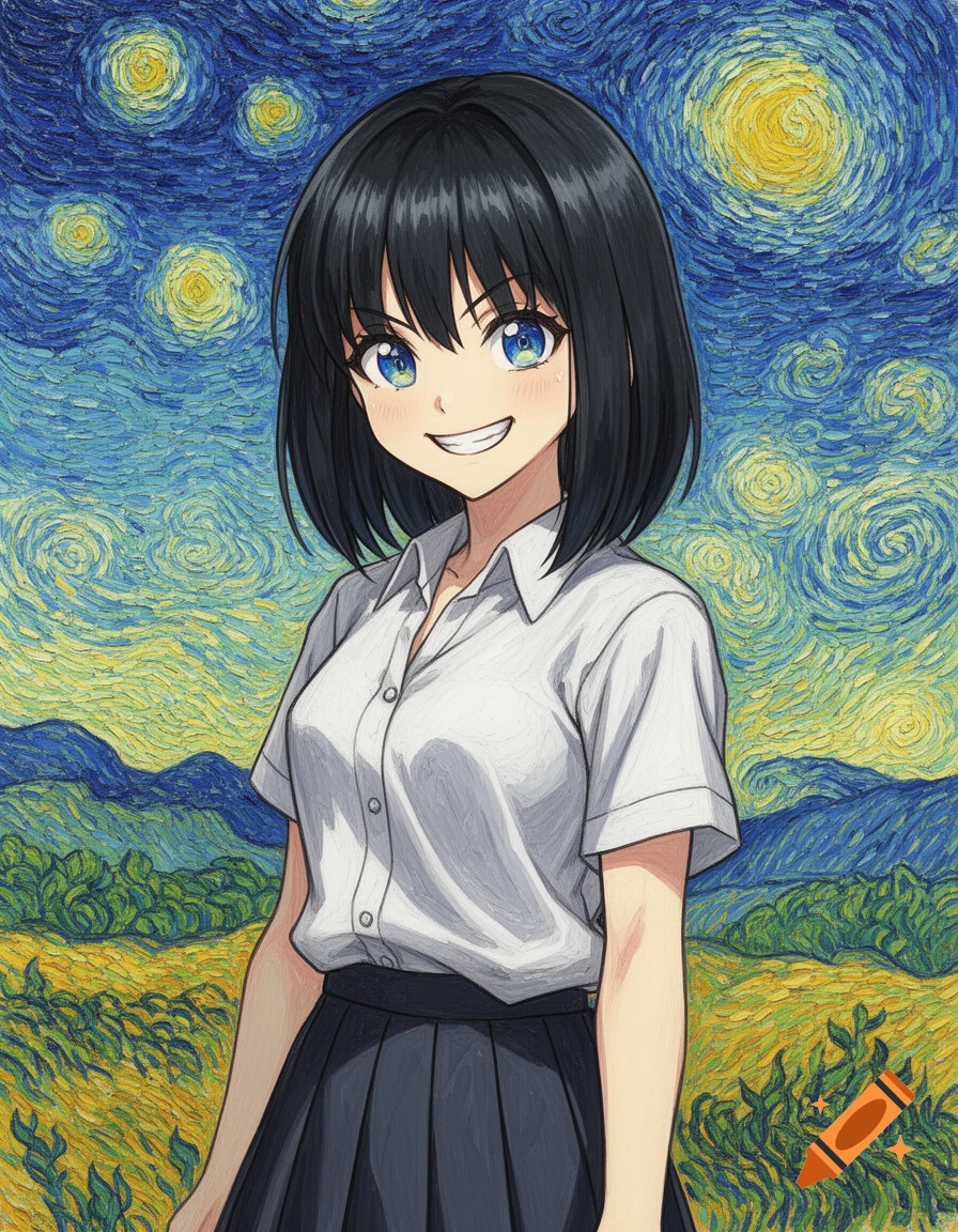 Smiling anime girl with black hair and blue eyes, wearing a white shirt and dark skirt, against a vibrant Van Gogh-style swirling sky and landscape.