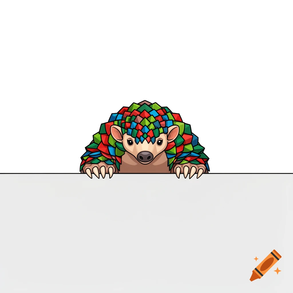 A vibrant, geometric pangolin with multi-colored scales peeks over a plain white wall in a cartoon style.