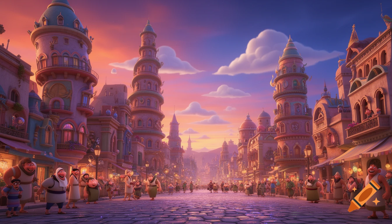 A bustling, vibrant Pixar-style animated city street at sunset, with numerous stylized people and tall, ornate buildings.