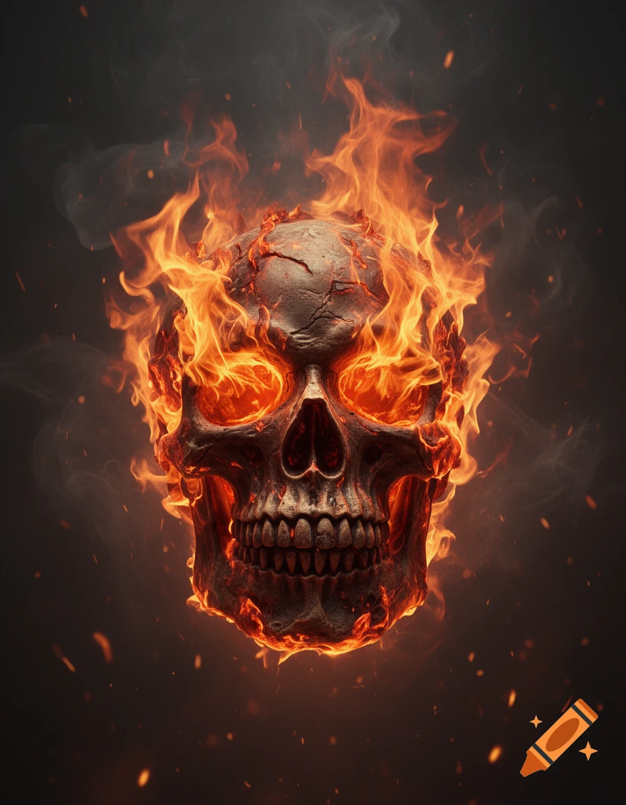 A detailed, photorealistic skull engulfed in orange and yellow flames against a dark, smoky background with embers.