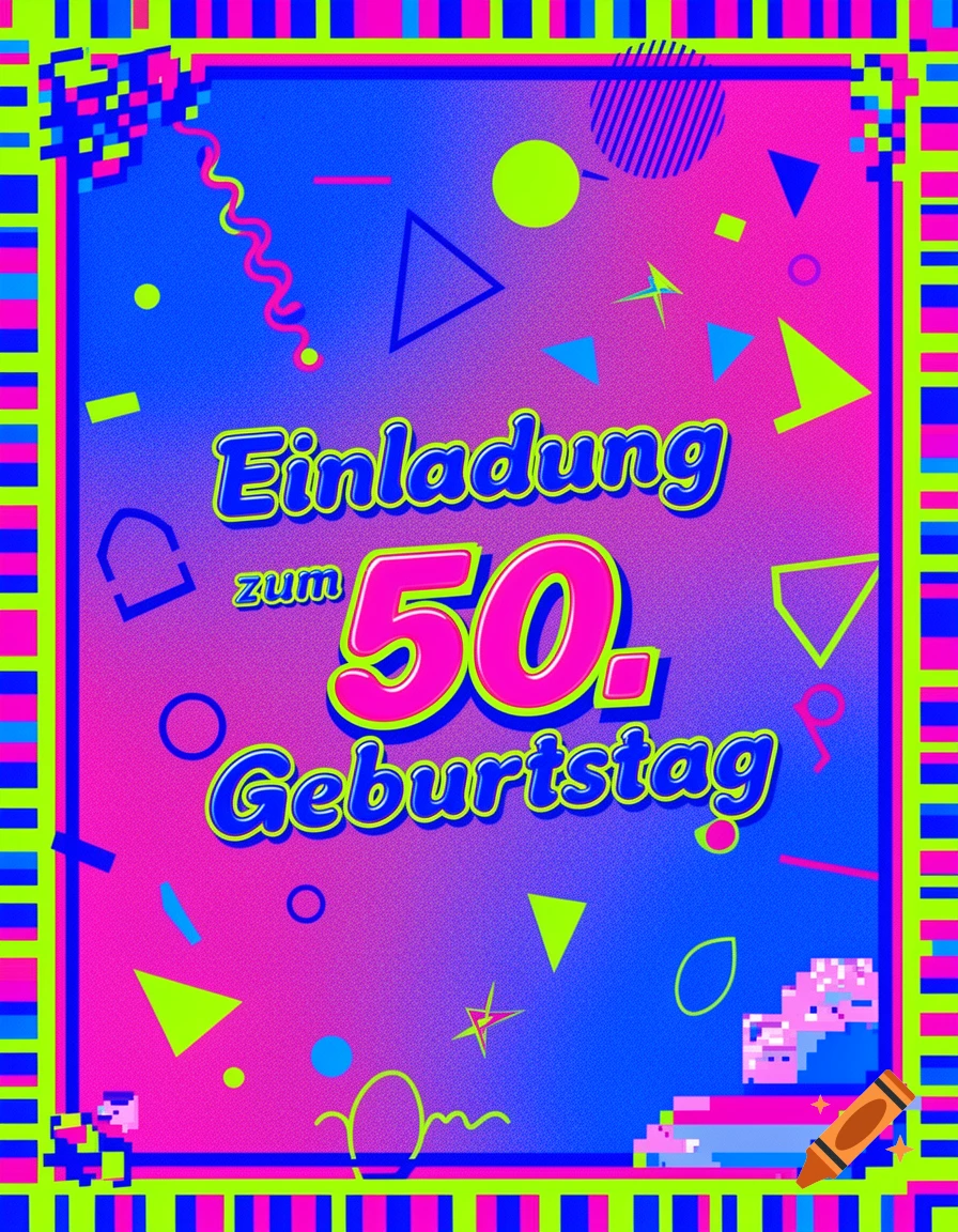 Vibrant 90s retro invitation card for a 50th birthday, featuring neon colors, geometric shapes, and pixel art borders.