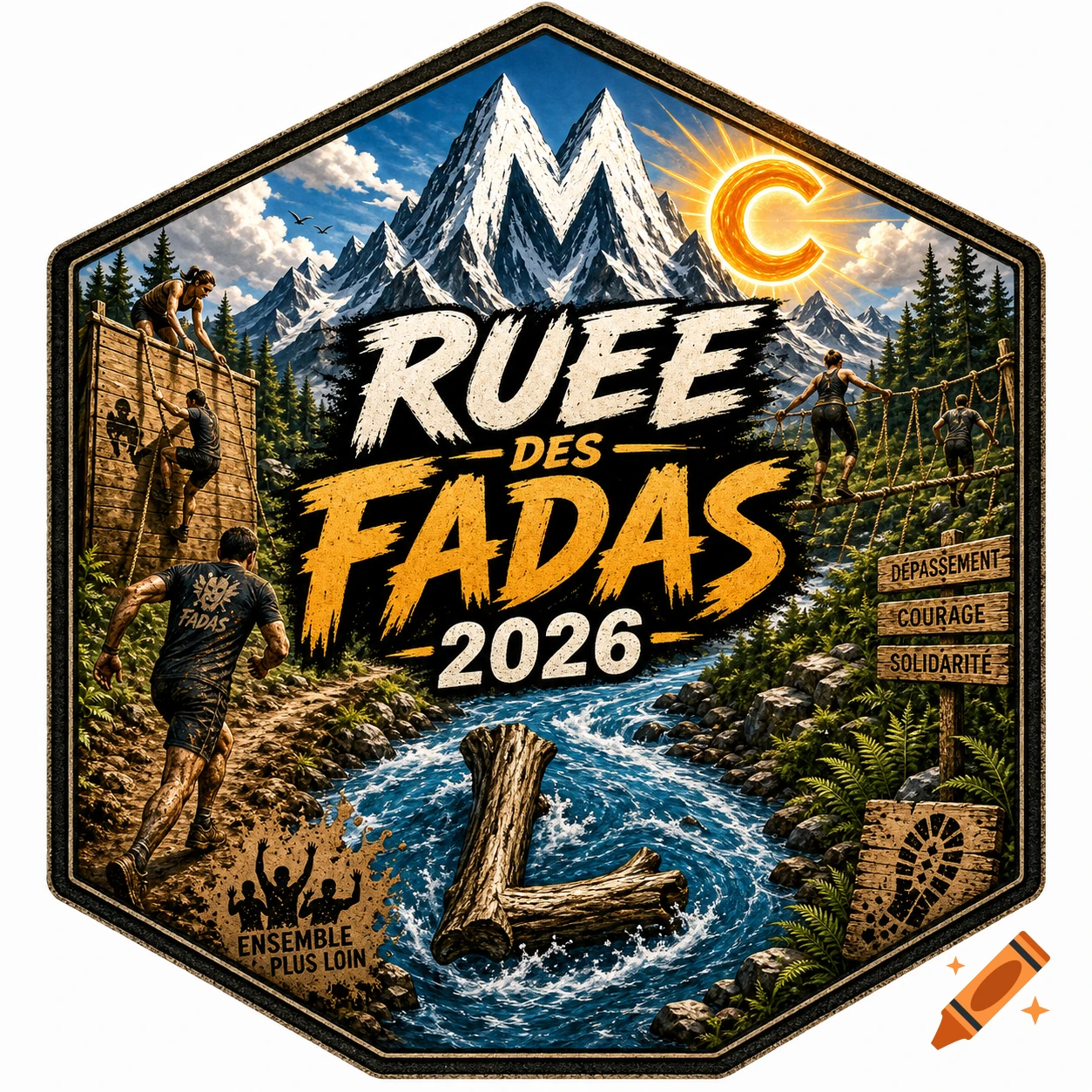 A hexagonal logo for "RUEE DES FADAS 2026" featuring an obstacle race in a mountainous and riverine landscape. The mountains form an 'M', the sun is a 'C', and a log in the river forms an 'L'. Runners navigate various obstacles.