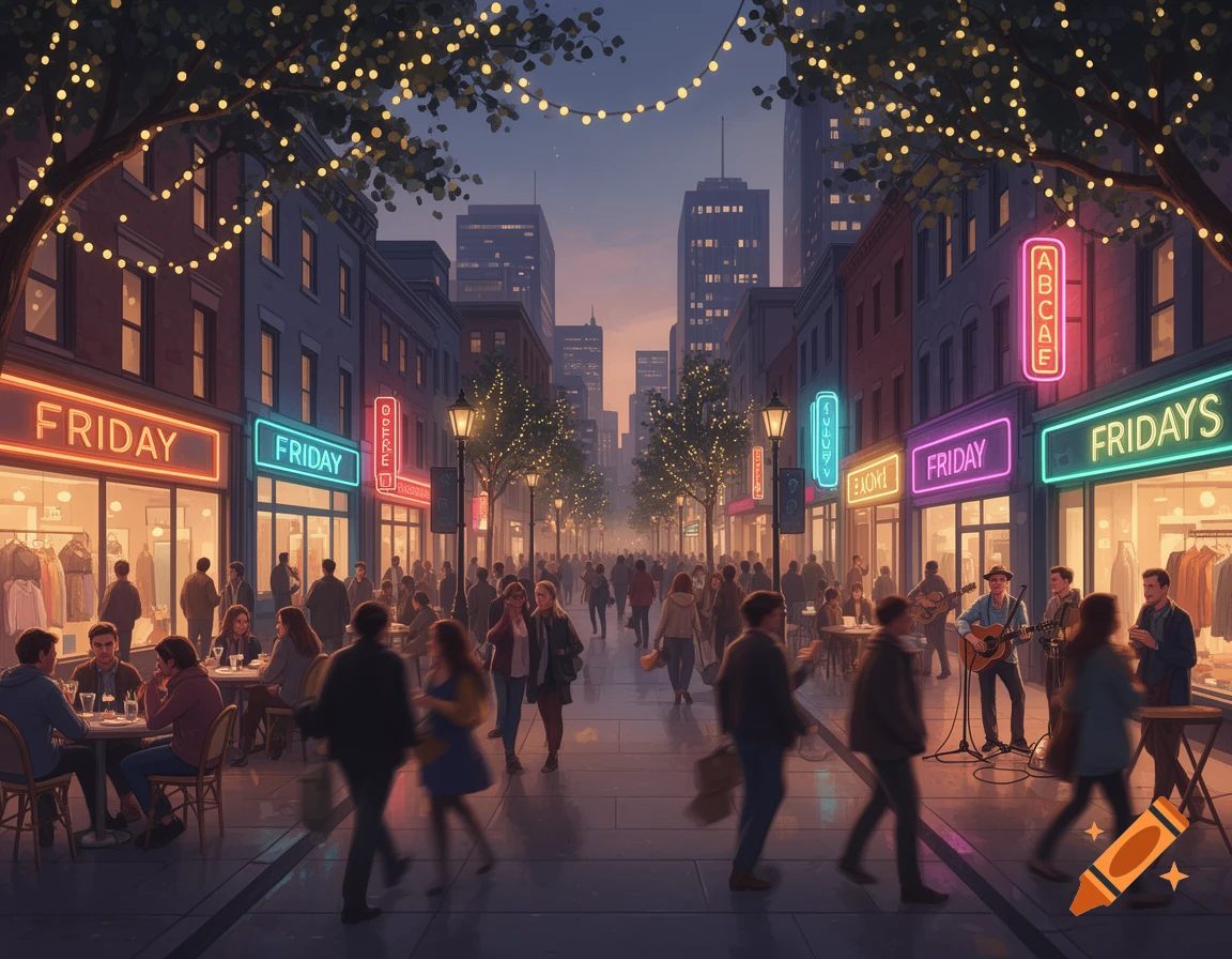 A bustling downtown city street at dusk, illuminated by colorful neon signs and string lights hanging over a crowd of shoppers and people dining outdoors. Stylized illustration.