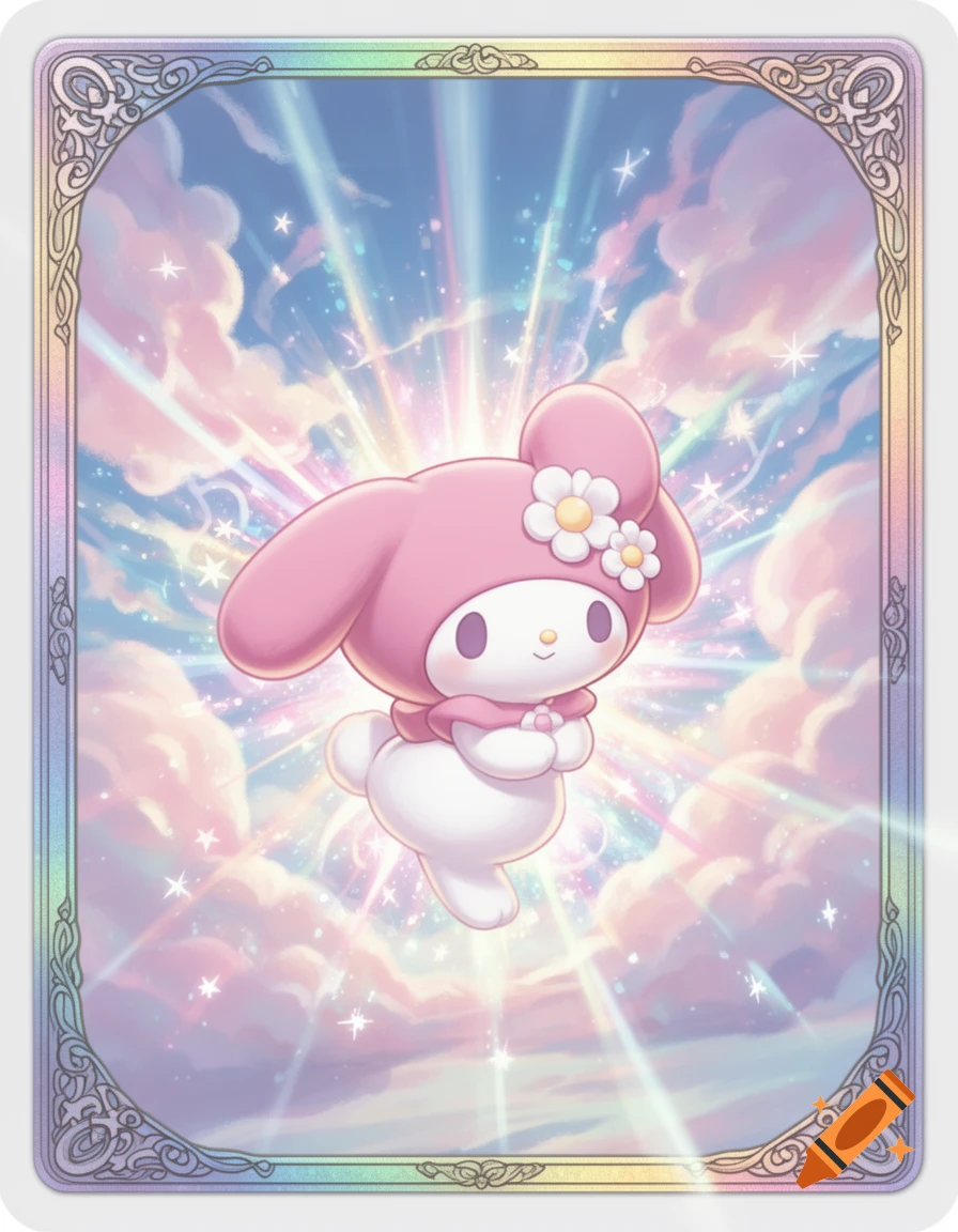 Cute anime character My Melody floats in a dreamy sky with pastel clouds and stars, framed by an ornate border.