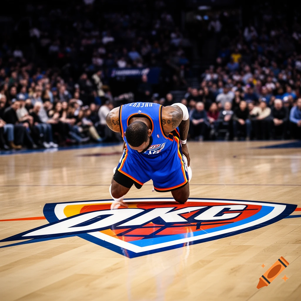 Basketball player in a blue jersey kneeling on a court, bowing towards the OKC logo in a crowded arena, photorealistic.