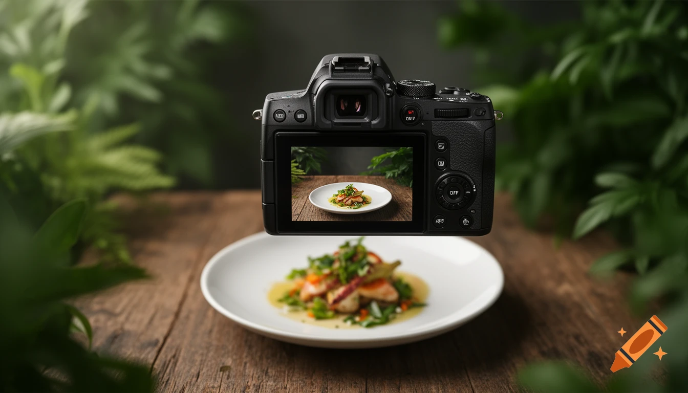 A black camera floats above a white plate of food on a wooden table, displaying the same dish on its screen, with a blurred green leaf background.