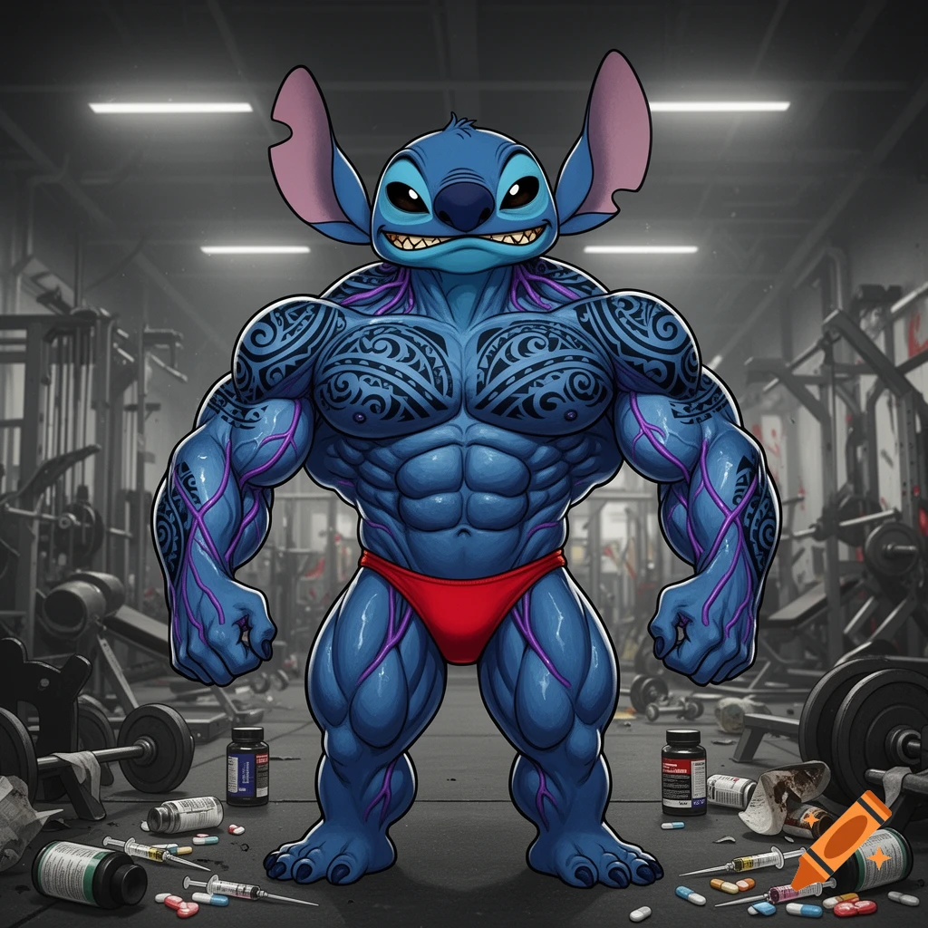 Cartoon Stitch bodybuilder with tattoos and purple veins poses in a gym, surrounded by syringes and pill bottles.