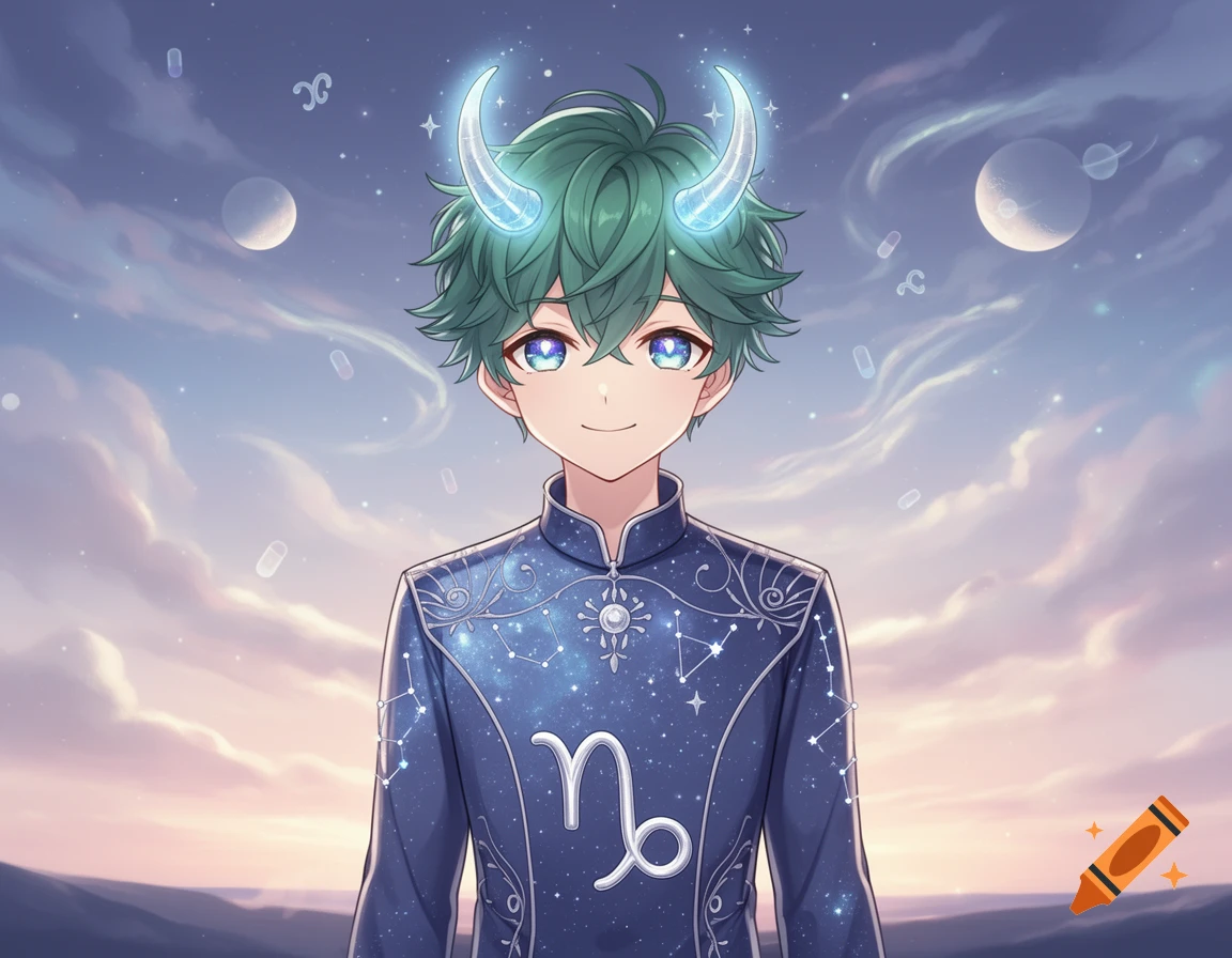 An anime boy with glowing horns, green hair, and a blue starry outfit featuring the Capricorn symbol, against a twilight sky with planets.