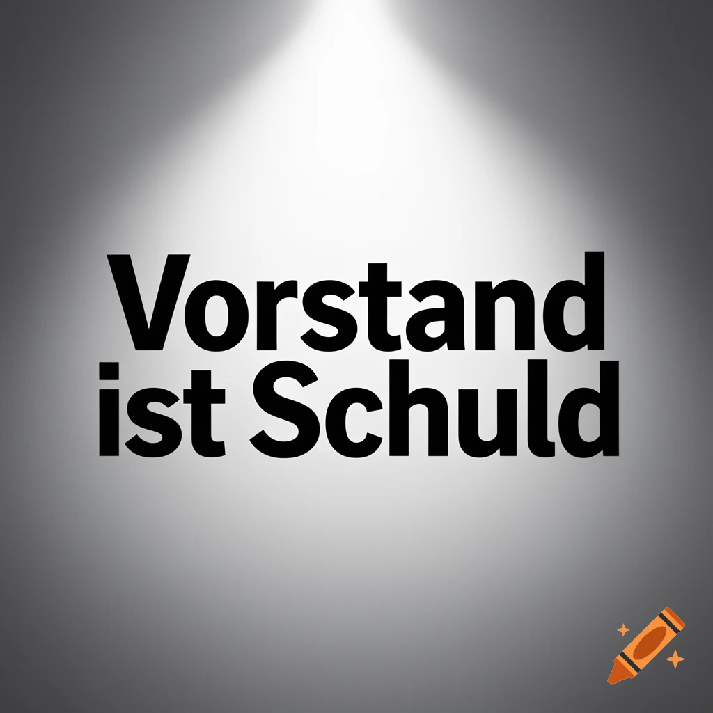 A typographic poster with the German text 'Vorstand ist Schuld' (Board is Guilty) illuminated by a spotlight.