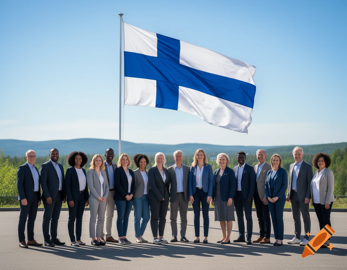 A diverse group of people in business attire stand smiling in front of a large Finnish flag outdoors, with hills and a blue sky in the background.