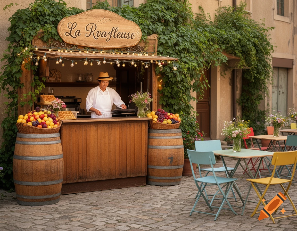 A chef in a straw hat and white apron works at an outdoor wooden food stall decorated with vines and string lights. Baskets of fruit sit on barrels, with cafe tables nearby.