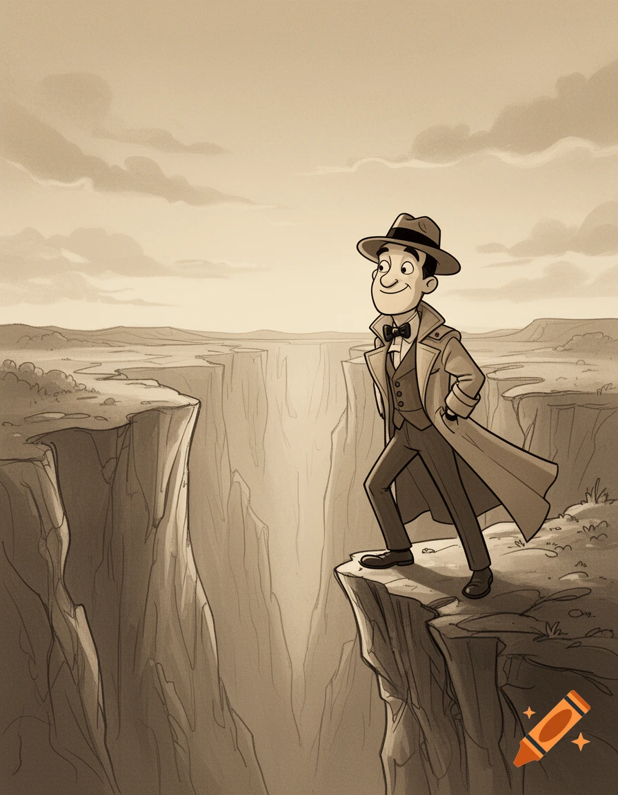 A cartoon man in a trench coat and fedora stands on a cliff edge, looking out over a wide canyon in a vintage style.