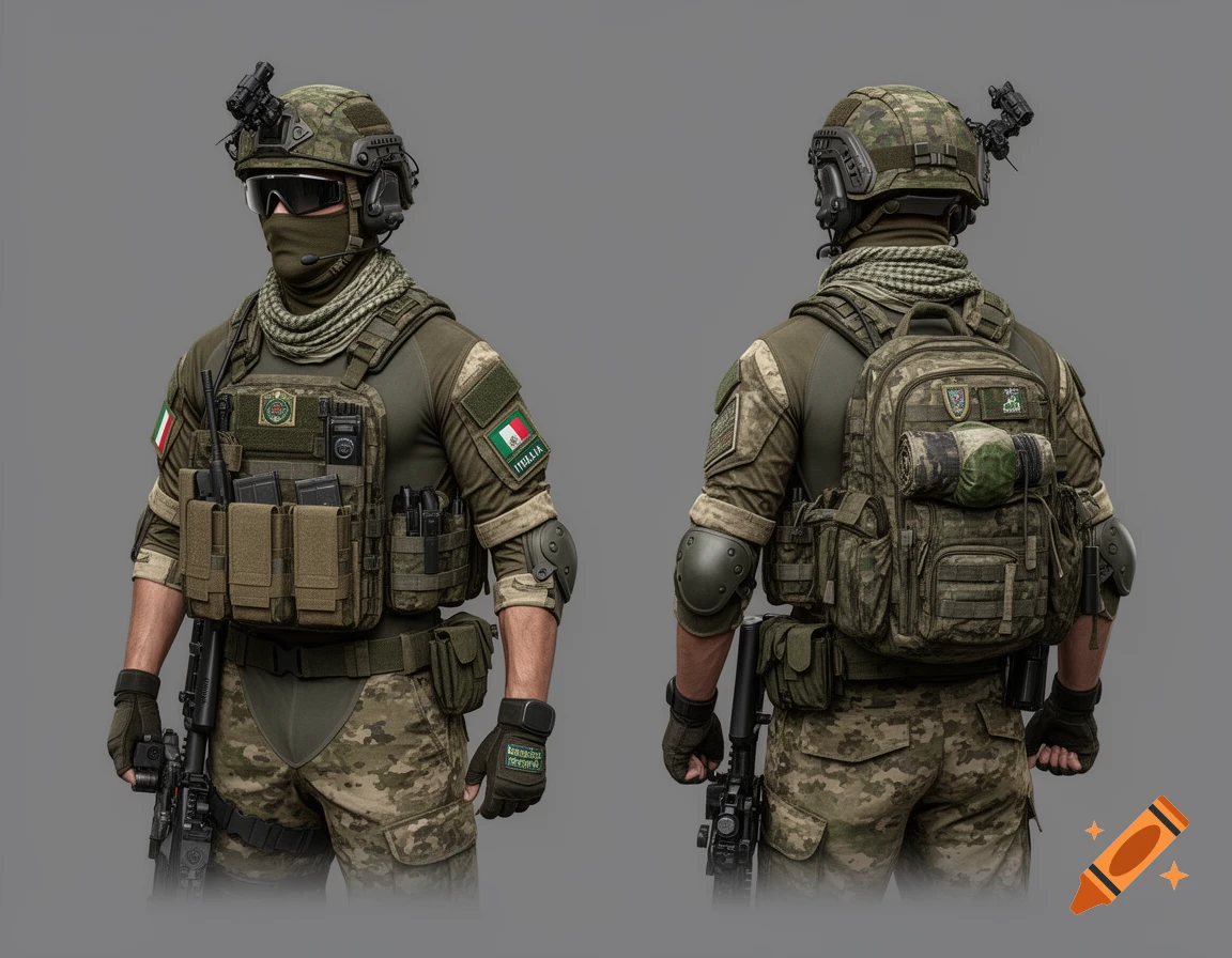 Front and back views of a modern Italian infantry soldier in full tactical gear, with camouflage uniform, helmet, and rifle, on a grey background.