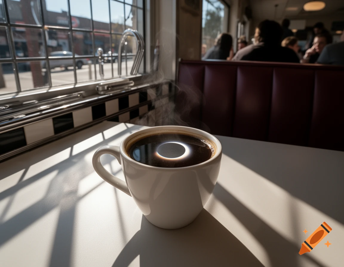 White coffee cup with a solar eclipse reflection on its surface, on a sunlit diner table by a window.