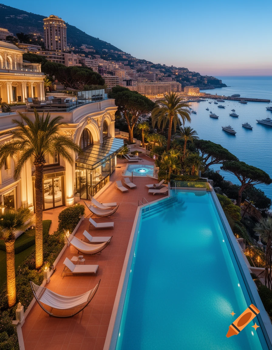 Photorealistic view of a luxurious resort with an illuminated infinity pool, palm trees, and elegant buildings overlooking a yacht-filled bay and a city at dusk.