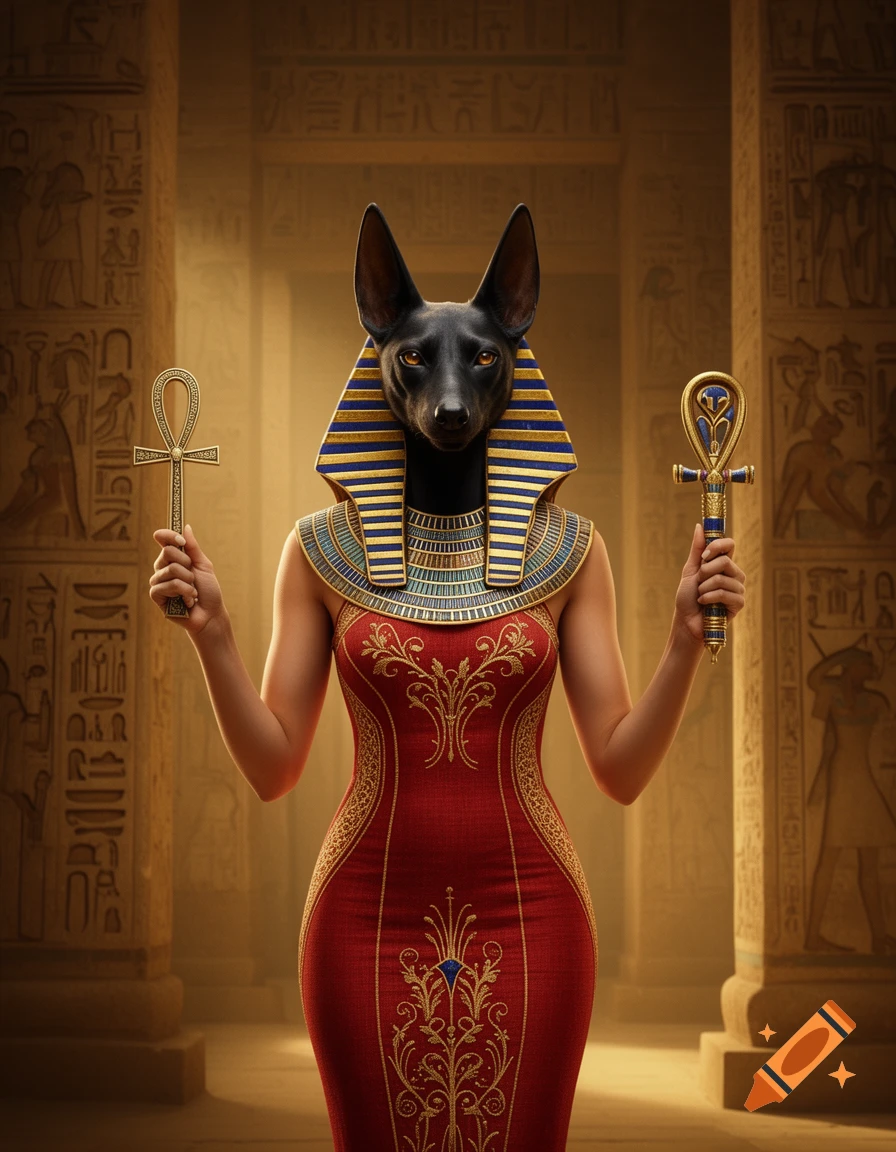 A regal ancient Egyptian goddess Anput with a jackal head, wearing a red embroidered dress and elaborate headdress, holding an ankh and a was-scepter in a temple.