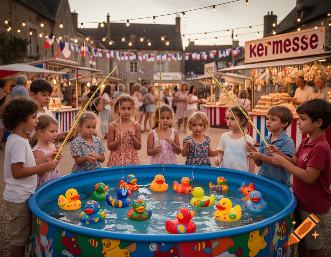 Children playing a duck fishing game at an outdoor kermesse with string lights and French flags.