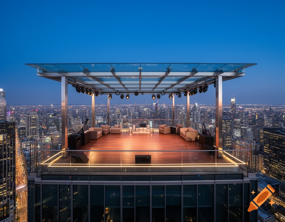 A modern rooftop stage and bar area with lounge seating, overlooking a vast city skyline at dusk, bathed in blue and orange light.