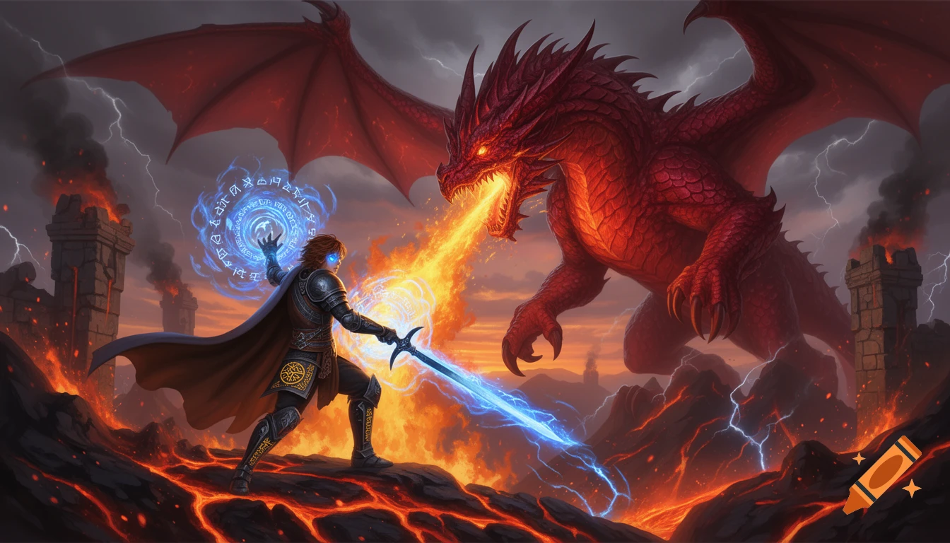 A heroic warrior in dark armor battles a red dragon with a glowing sword and magic on a volcanic landscape under a stormy sky.