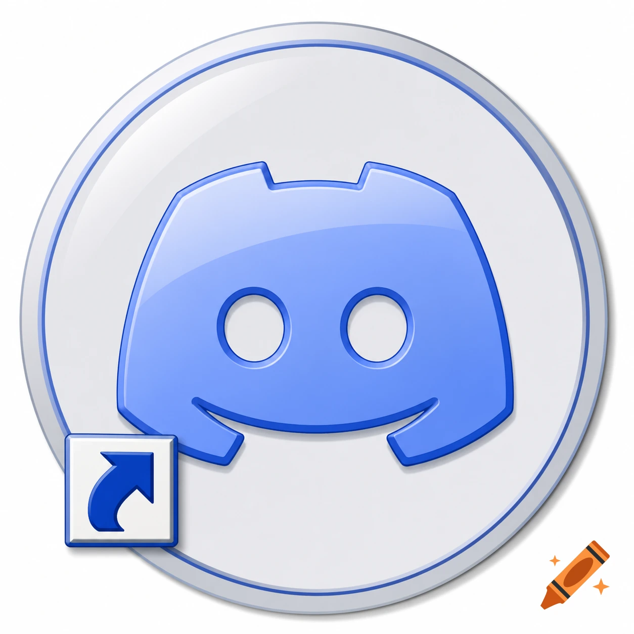Glossy blue Discord app icon in a white circle, styled as a Windows XP desktop shortcut with a blue arrow overlay.