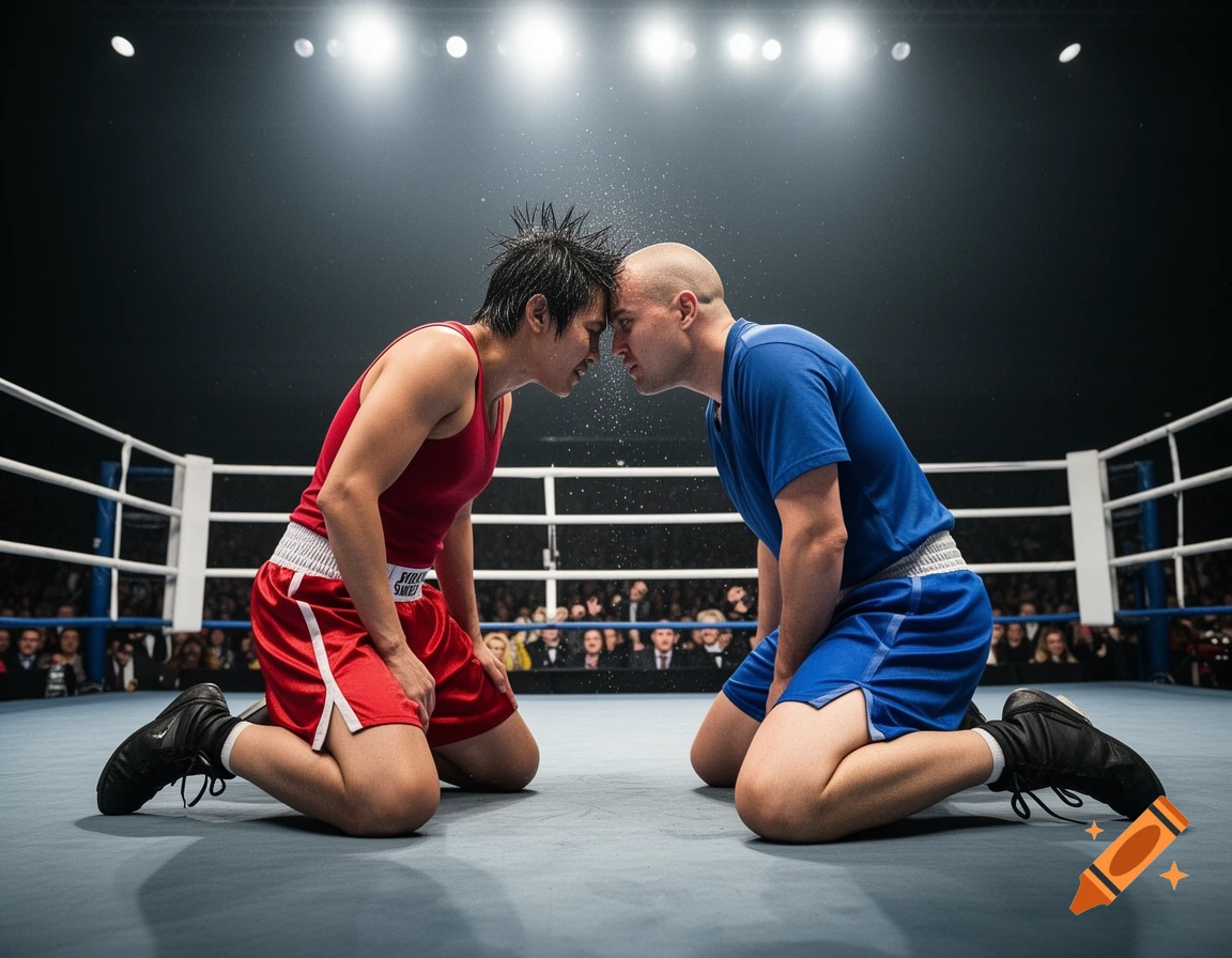 Two boxers, one in red and one in blue, kneel head-to-head in a ring, water splashing, photorealistic.