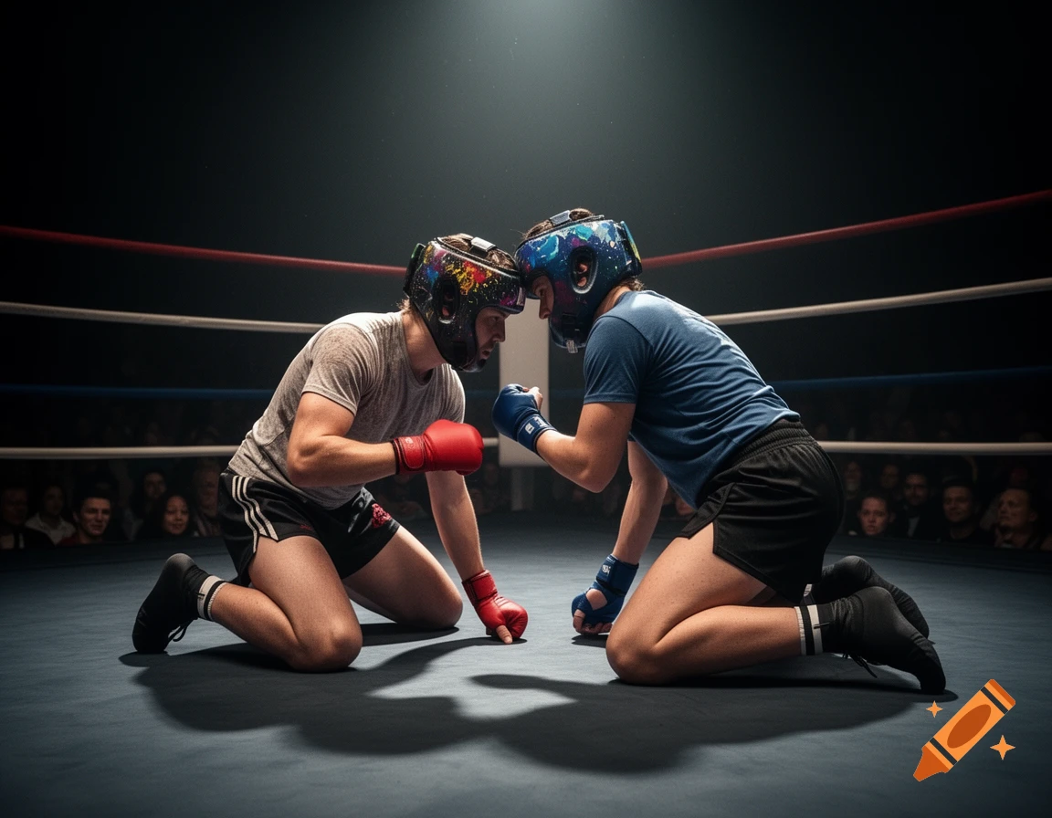 Two boxers in helmets and gloves kneel facing each other in a spotlighted boxing ring with a blurred crowd in the background, photorealistic.