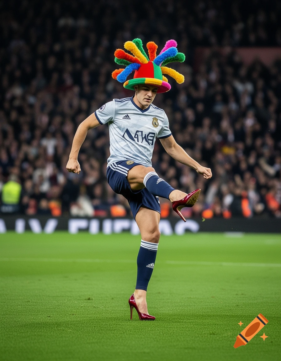 A male footballer wearing a colorful spiky hat and red high heels kicks a ball on a green pitch, with spectators in the background.