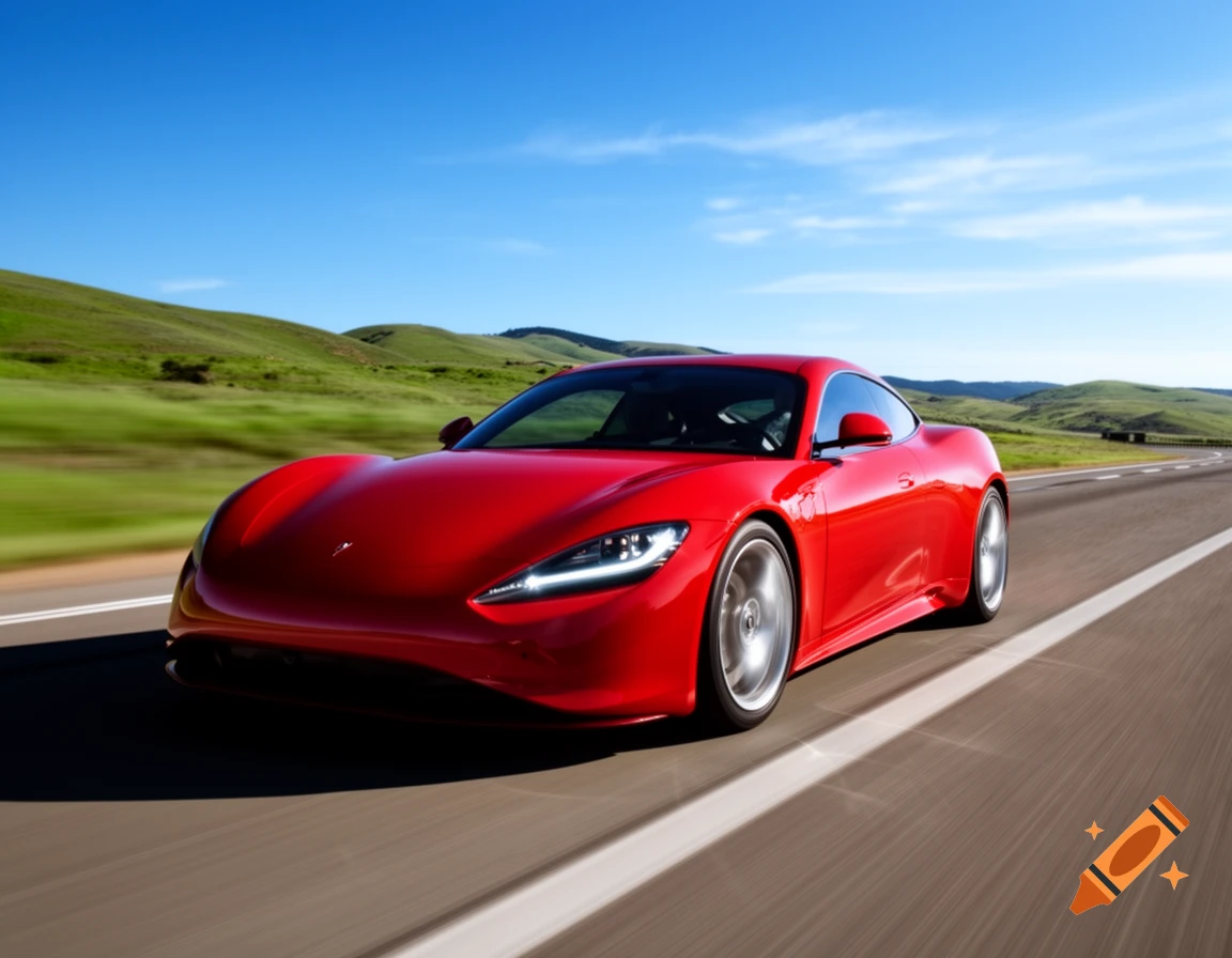 A sleek red sports car drives quickly on an open road through green hills under a clear blue sky.
