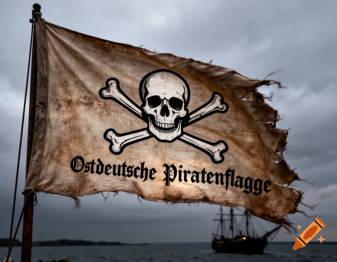 A tattered pirate flag with a skull and crossbones and the words 'Ostdeutsche Piratenflagge' flying, with a ship in the background.