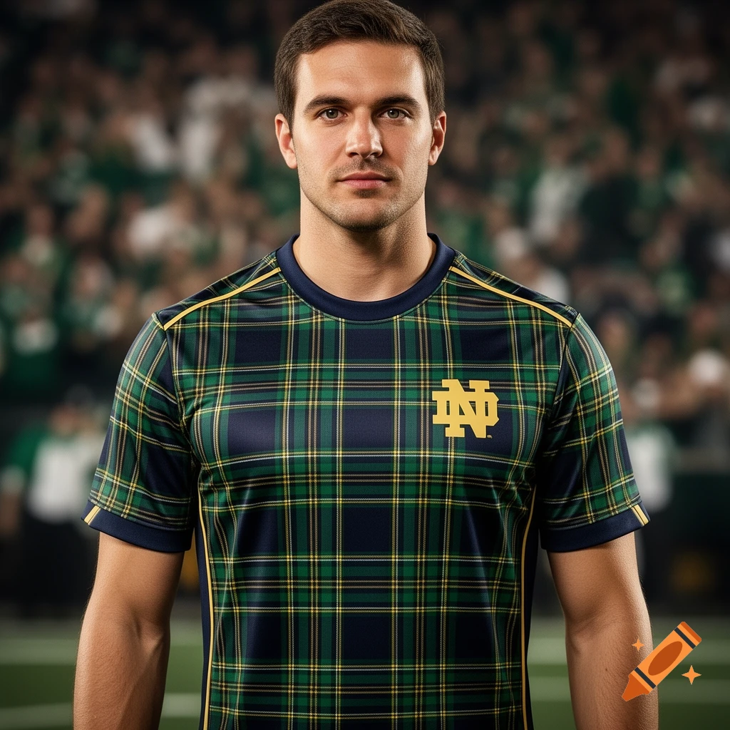 Photorealistic image of a man wearing a Notre Dame tartan football jersey on a sports field.